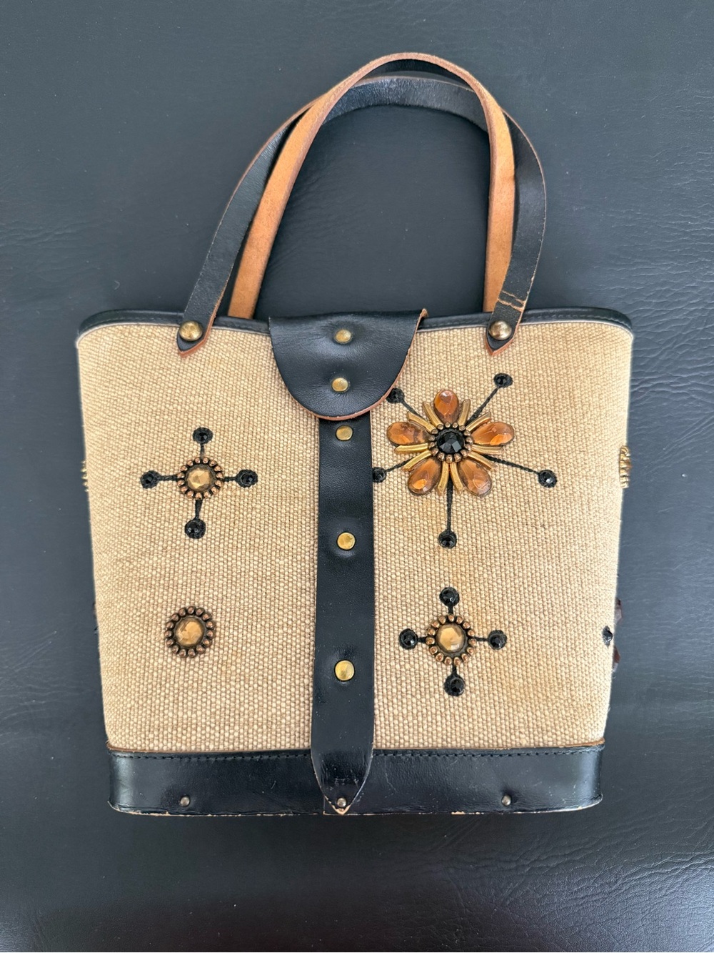 Vintage Enid Collins “Roadrunner” Beige and Black Embellished Tote Bag - Picture 3 of 14